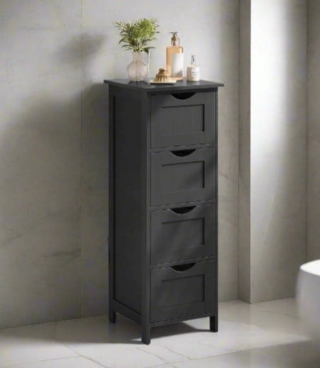 Modcraft Black Bathroom Floor Storage Cabinet – Freestanding Unit with 4 Drawers