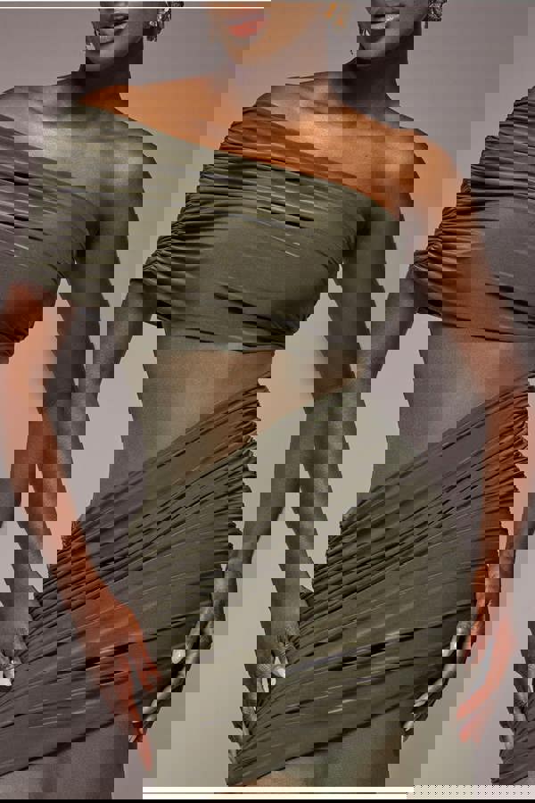 Gathered One Shoulder Sheer Panel Maxi Dress - Khaki Green DR4828