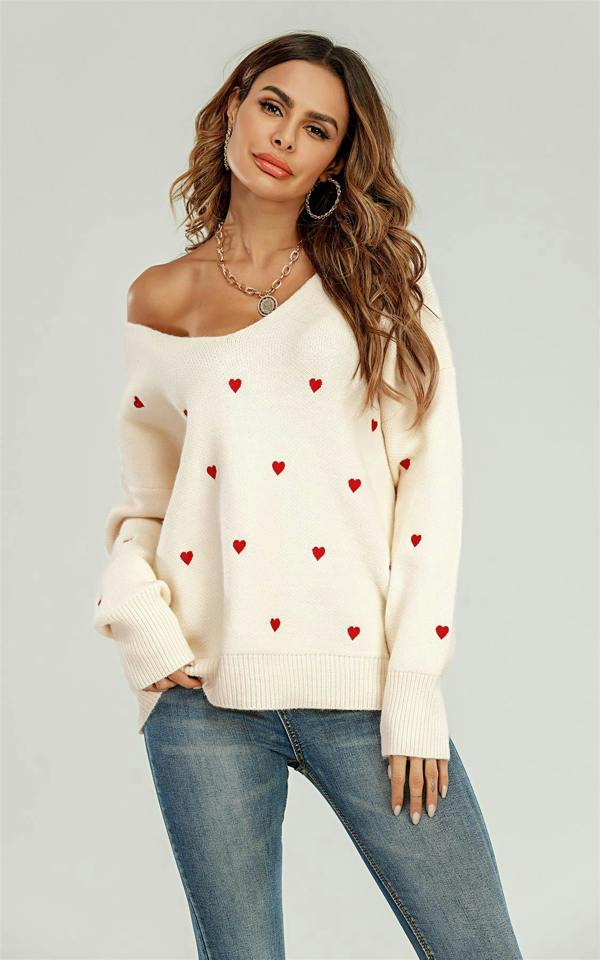 FS Collection Embroidery Red Heart V Neck Jumper In Cream