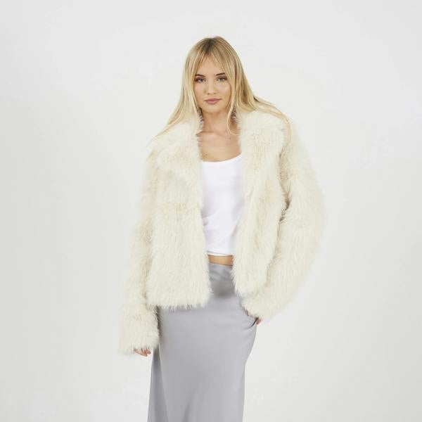 Brave Soul Cream Tinsel Faux Fur Jacket - Cream Image 1