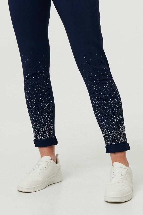Navy | Diamante Detail Slim Cropped Trousers
