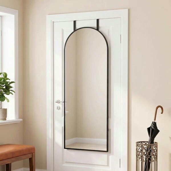 40 x 110 cm Full Length Hanging Mirror, Arched Mirror with Adjustable Hooks, Over-the-Door or Wall-Mounted, Black