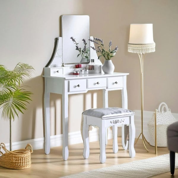 Rafaelo Mobilia Dressing Table With 5 Drawers Mirror And Stool White
