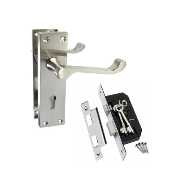 EDH Door Hardware Satin Nickel Victorian Scroll Lock Door Handles + 3 Lever Mortice Sash Lock Set1