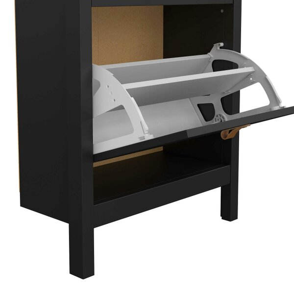 Wyld Haus Wildberry Matt Black Wooden Shoe Cabinet 2 Flip Down Doors Leather Handles