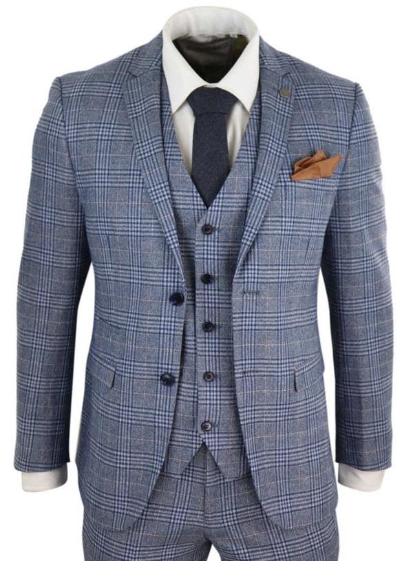 Paul Andrew Mens 3 Piece Blue Grey Tweed Check Vintage Retro Suit