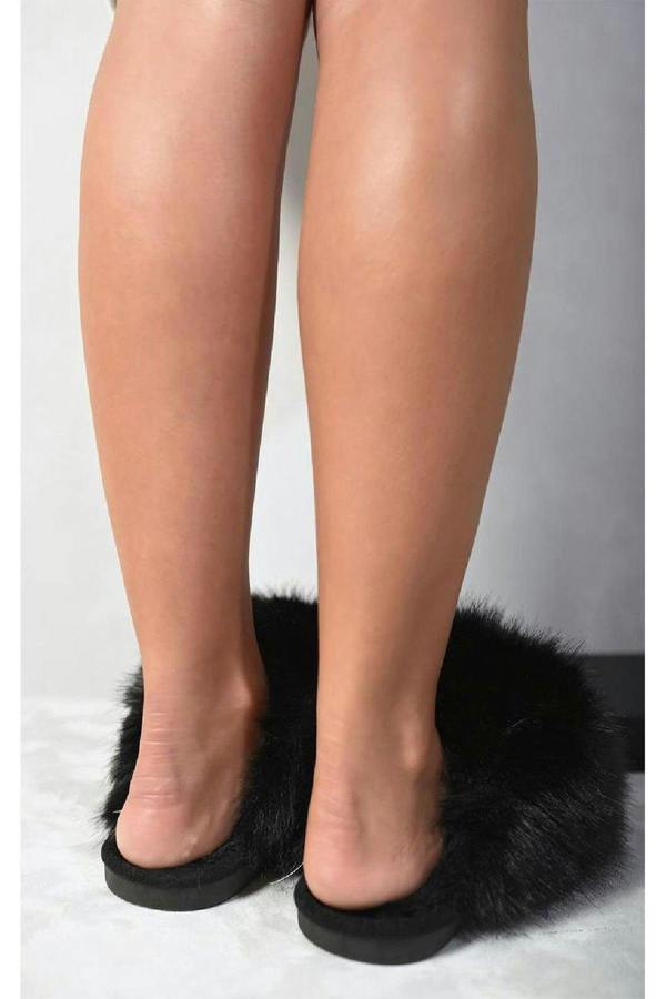 Nadia Fluffy Faux Fur Slippers - Black