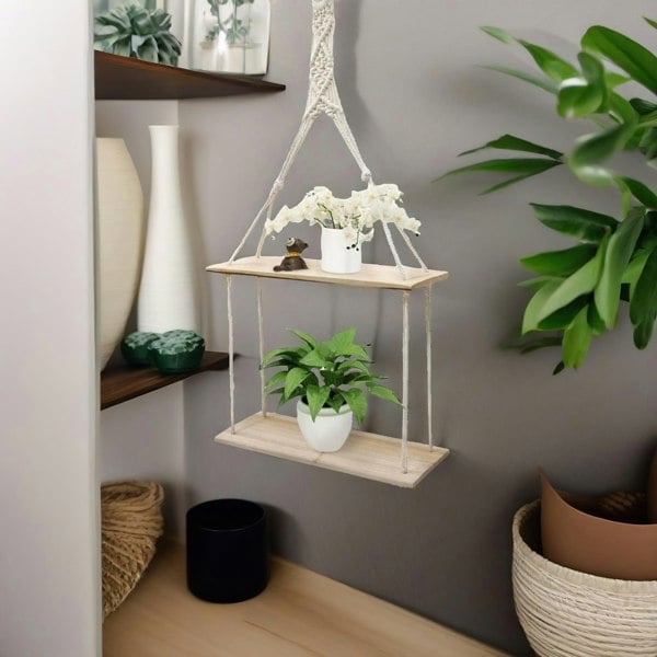 Rafaelo Mobilia 2 Tier Hanging Shelves With Rope Detail