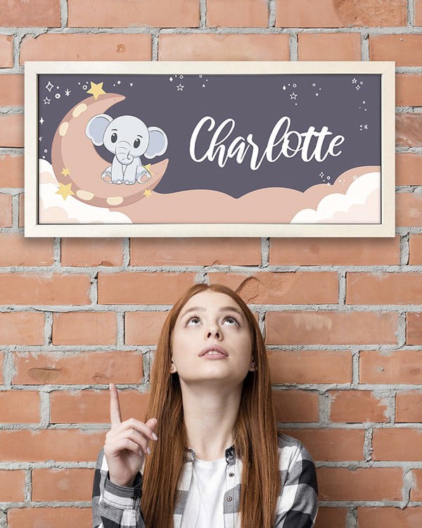 Personalised Nursery Wall Art Print - Elephant and Moon Framed Keepsake