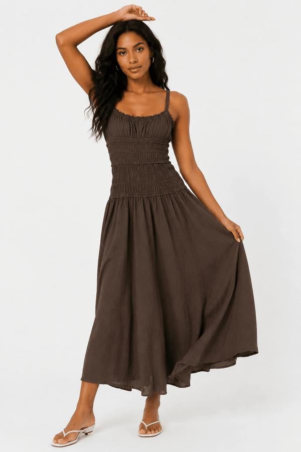 Claudio Lugli Sleeveless Shirred Linen Midi Dress — women's summer linen dress