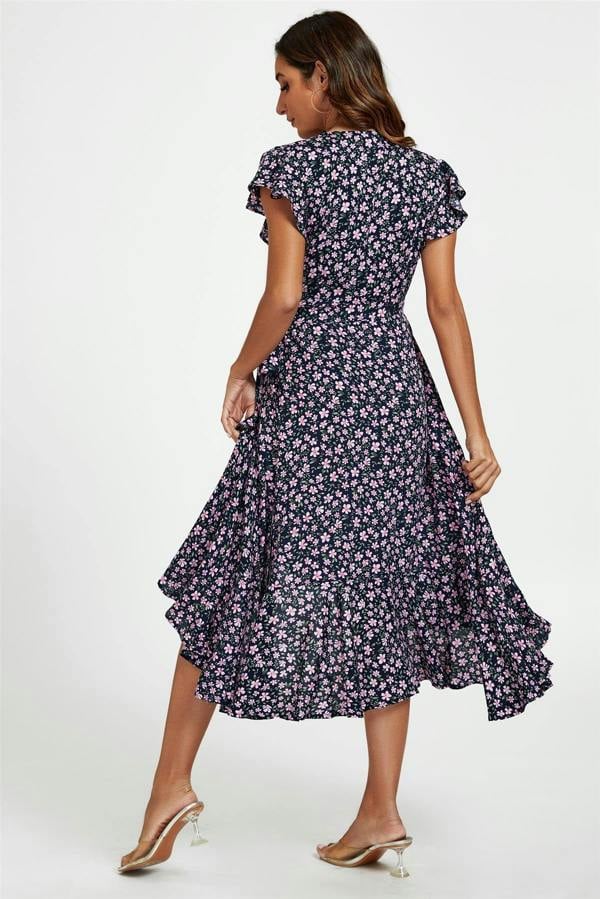 FS Collection Floral Frill Sleeve Midi Wrap Dress In Navy