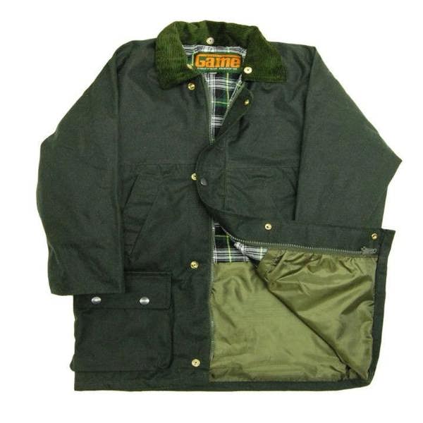 Game Kids Wax Jacket in Olive with quilted lining and detachable hood a traditional boys wax jacket