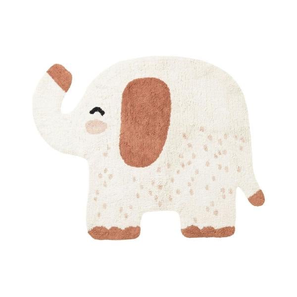 Plush elephant toy with brown ears and feet on a white background