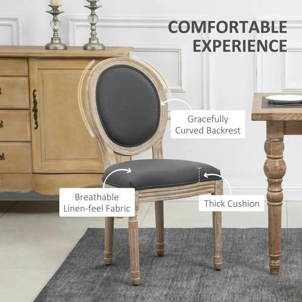 Grey dining chair with curved backrest and thick seat cushion, breathable fabric
