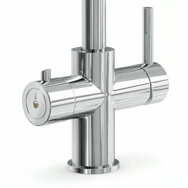 Chrome boiling hot water tap close up on a white background