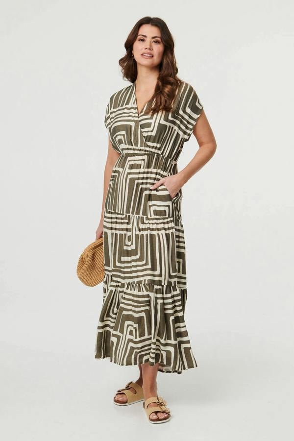 Green | Geo Print Ruched Tiered Maxi Dress