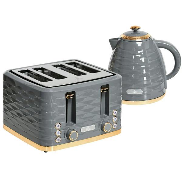 Grey toaster and kettle set: four-slice toaster and rapid-boil kettle