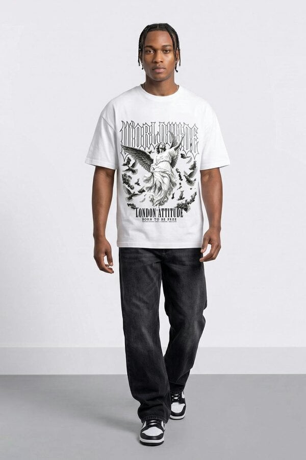 London Attitude Worldwide Angel Oversized Heavyweight Graphic T-Shirt in White