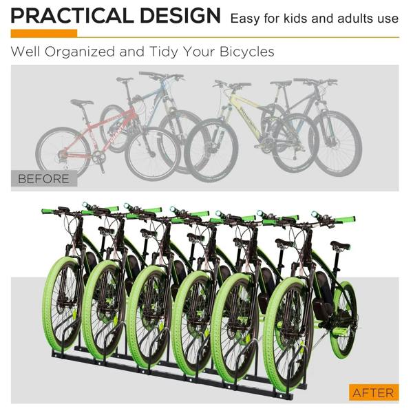 Black bike parking rack holding multiple bicycles with six U-shaped holders