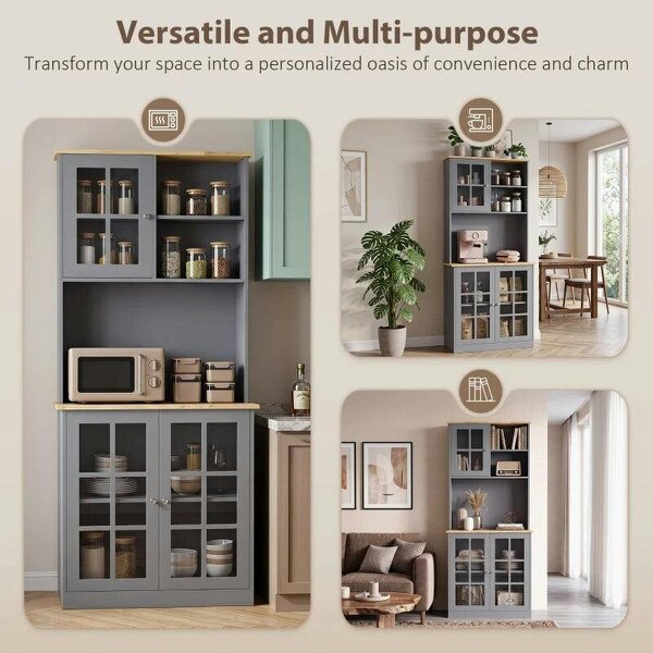 Kitchen Pantry, Buffet Hutch with 3 Storage Cabinets, 2 Open Shelves and Large Countertop for Kitchen, Grey