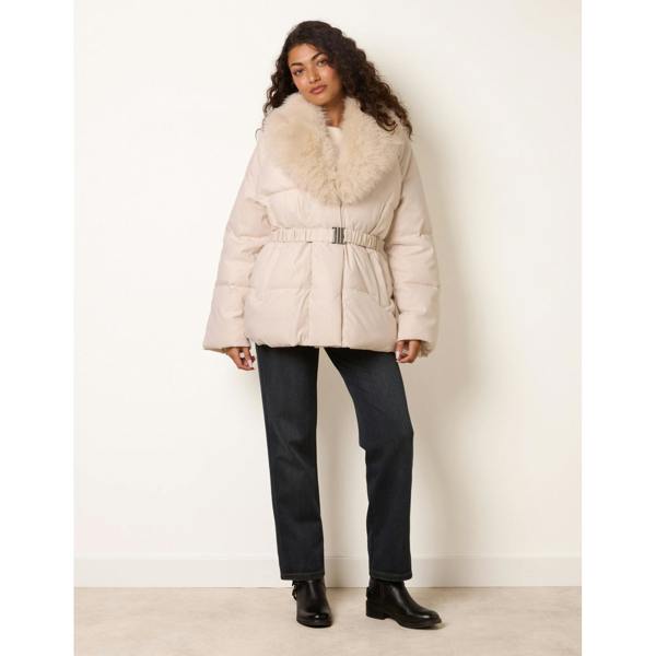 Blue Vanilla Shawl Faux Fur Collar Belted Short Puffer