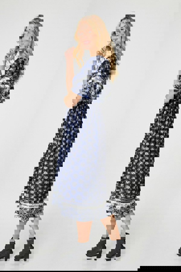 Navy | Printed 1/2 Batwing Sleeve Midi Dress