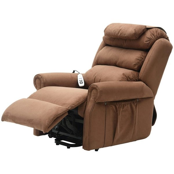 Dual Motor Rise and Recline Armchair - Waterfall Pillow - Brown Suedette Fabric Loops