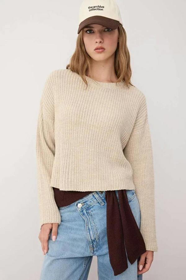 Hoxton Gal Cropped Basic Striped Oversized Knit Sweater
