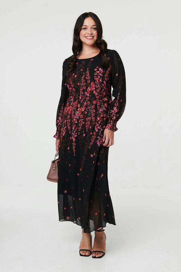 Black | Curve Floral Tie Waist Layer Maxi Dress