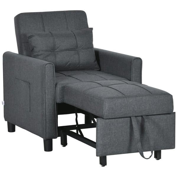 Grey upholstered sofa chair bed with adjustable backrest and extended footrest