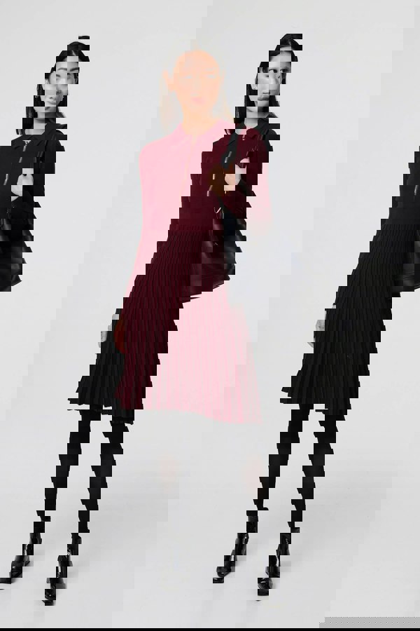 Red | Zip Collar Pleated Knit Dress
