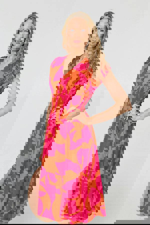 Pink | Abstract Cap Sleeve Shirred Midi Dress