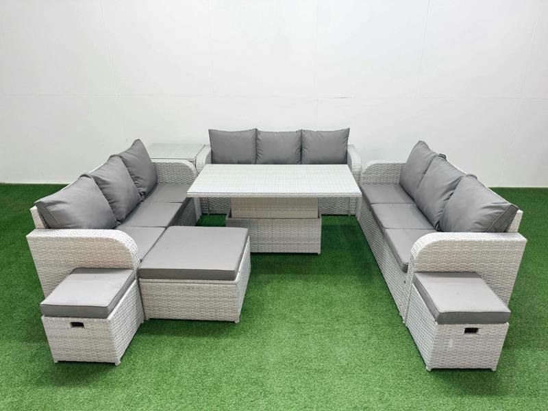 Fimous 12 Seater PE Rattan Garden Furniture Lounge Sofa Patio Set, Adj Height Table, 3 Seater Sofa, 3 Stools, Side Table, Light Grey