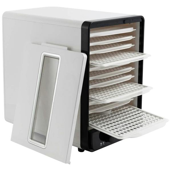 White 11-tray food dehydrator with door open, perforated drying trays visible