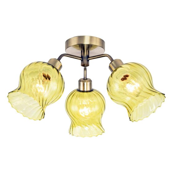 Happy Homewares Elegant Ceiling Light in Antique Brass with Green Tinted Glass Shades