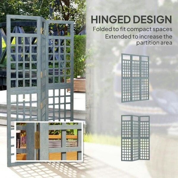3-Panel Garden Privacy Screen, Freestanding Foldable Wooden Outdoor Divider/Trellis, Decorative Privacy Screen, Grey