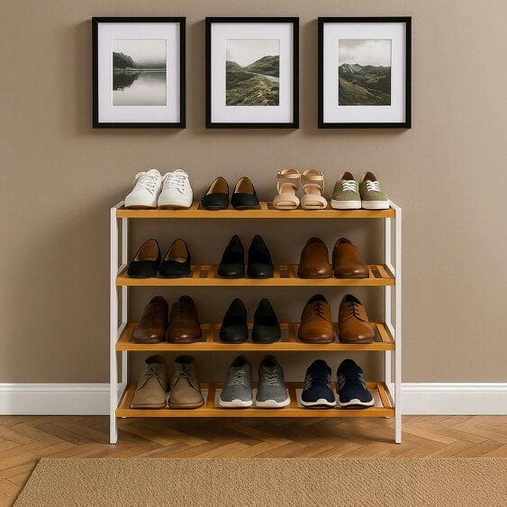 Neo White/Wood 4-Tier Bamboo Shoe Rack Wooden Shoe Storage Organiser Shelf for Hallway, Entrance Living Room