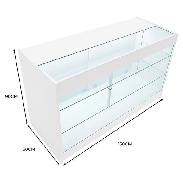 LED retail shop counter K1500 in sleek white finish, featuring a glass display top and shelves, dimensions 150cm x 60cm x 90cm