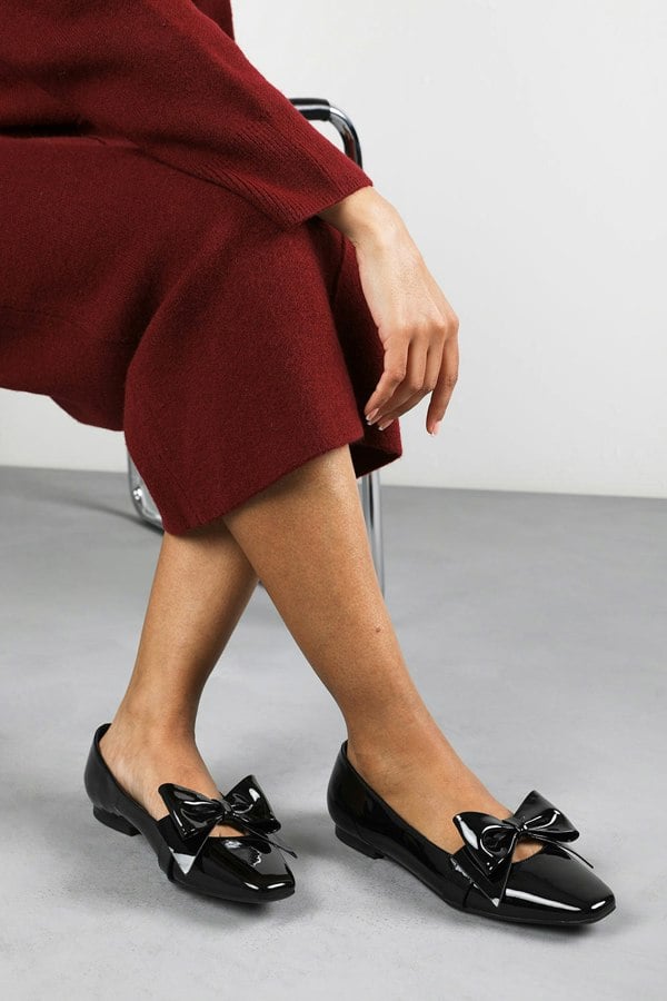Where's That From Jessica Wide Fit Pointed Toe Ballet Flats With Bow Detail In Black Patent Finish