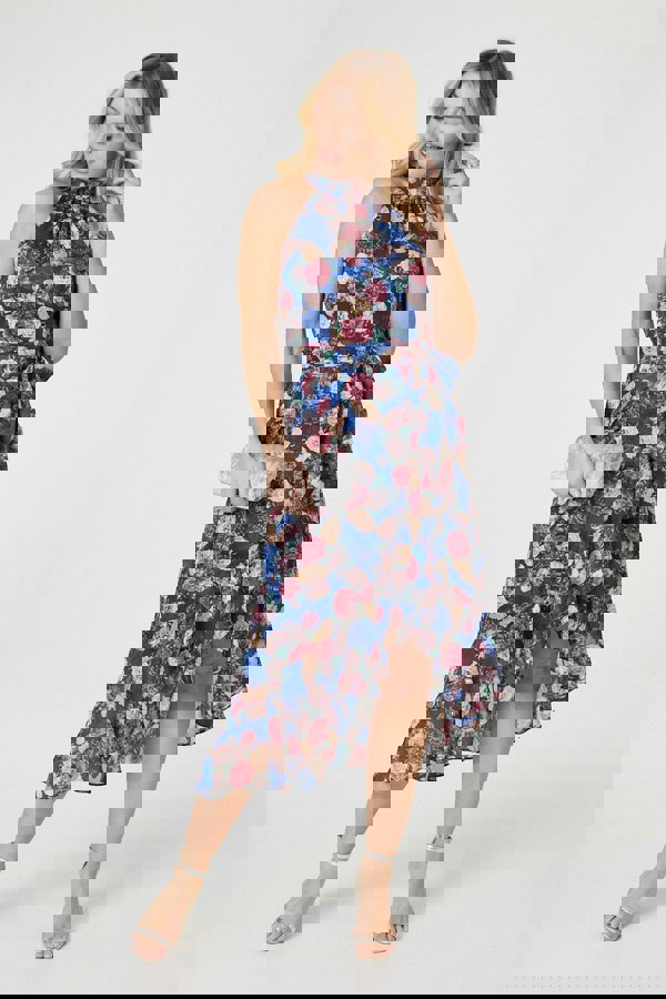 Blue | Floral Frill Hem Midi Halter Dress