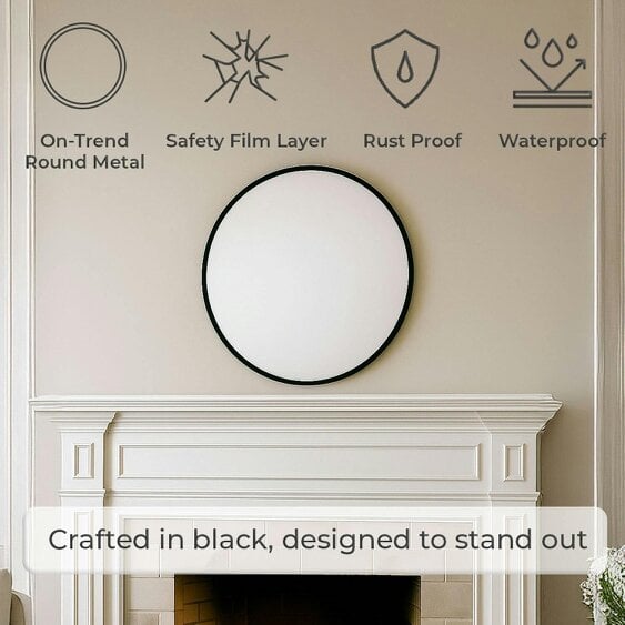 Neo 60cm Black Round Metal Frame Wall Mirror Float Glass HD Reflection Anti-Rust Moisture-Proof Wall Mounted Bathroom Bedroom Hallway Living Room