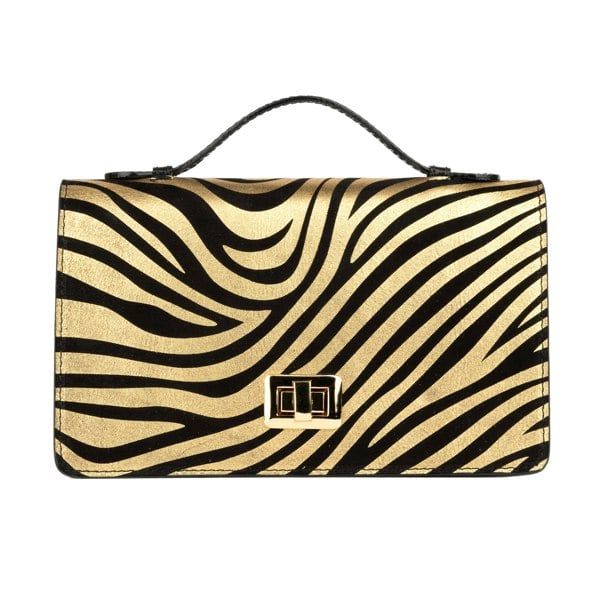 Embassy London Envy - Black & Gold Stripes - Women's leather flap clutch bag with strap