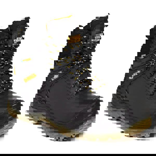 DeWalt Newark Mens SRA S3 WaterProof Safety Steel Toe Lace Up Boots, black safety work boots with reinforced toe and yellow accents.