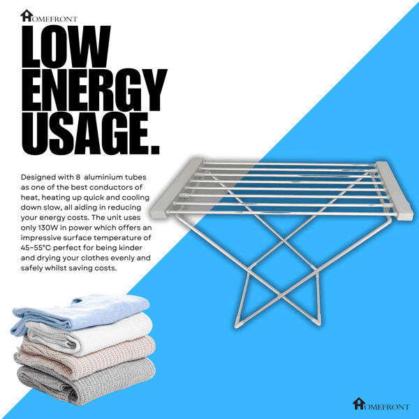 Homefront Electric Heated Clothes Horse Rail Airer Dryer 130W - Indoor Portable Free Standing - Energy Efficient, Low Energy