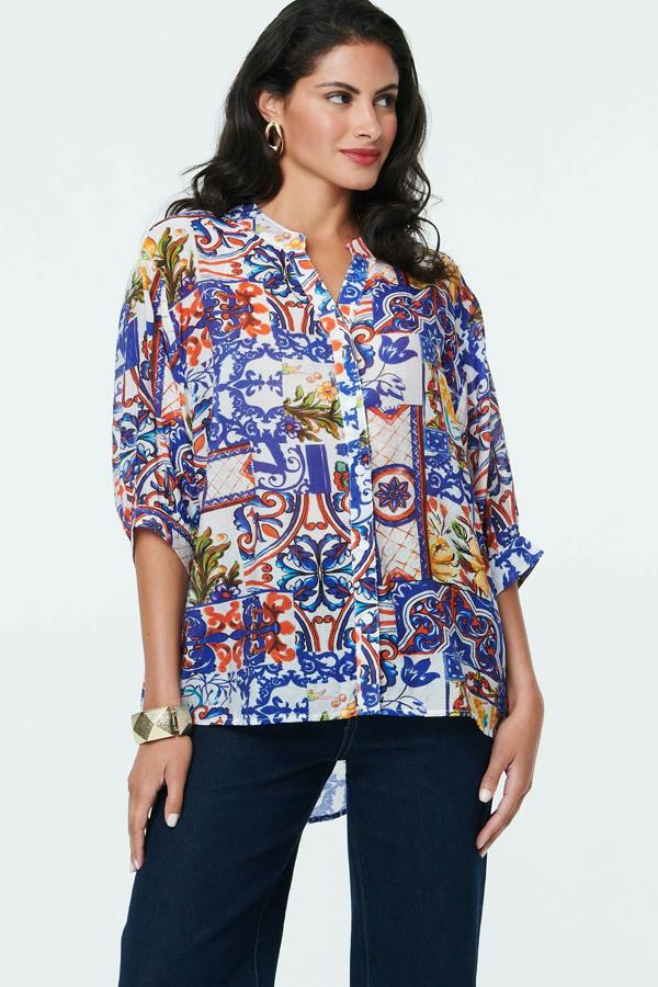 White | Abstract Relaxed 3/4 Sleeve Blouse