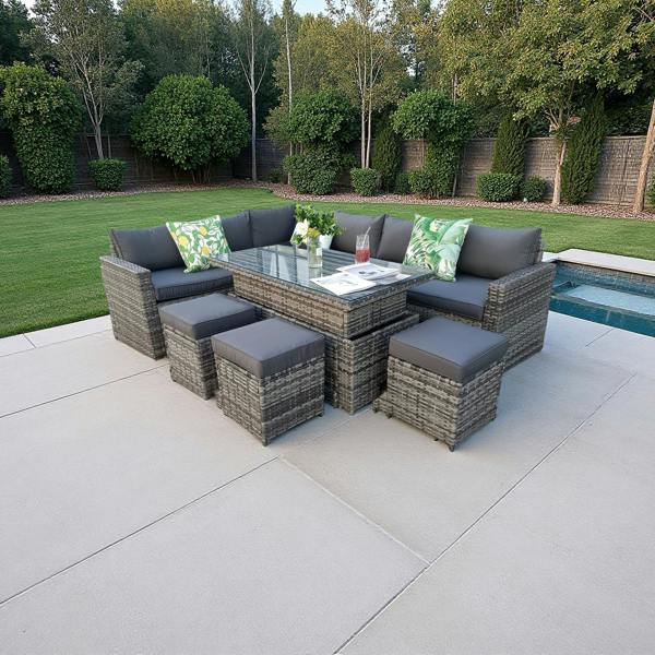 The Tarporley Grey 9 Seat Corner Rattan Dining Set - Rising Table - Madefor.Living