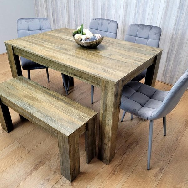 Kosy Koala Wooden Dining Table Set for 6 Rustic Effect Table With 4 Grey Velvet Chairs and 1 Bench