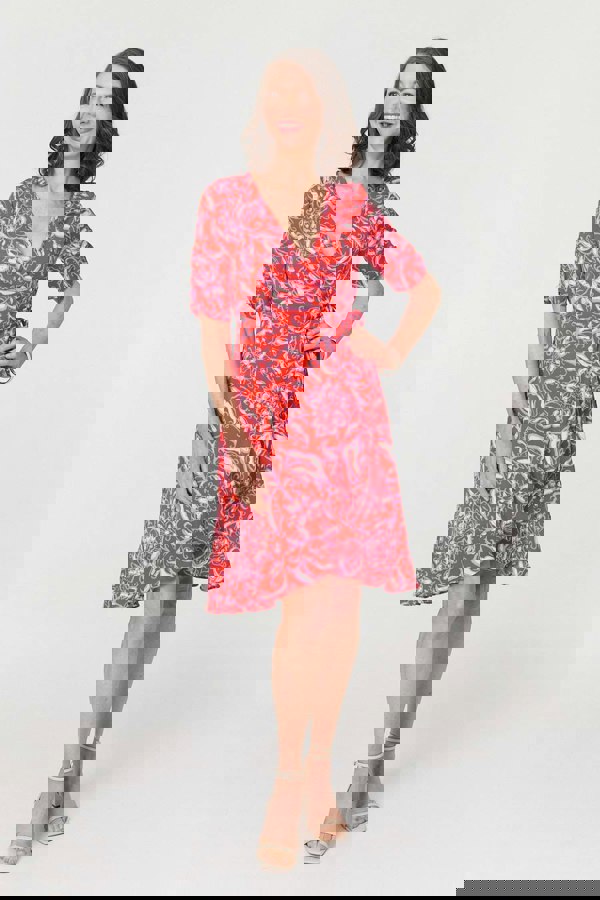Orange | Printed Frill Wrap Knee Length Dress
