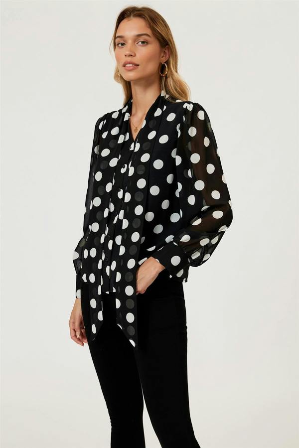 FS Collection Dot Print Tie Detail long sleeve Blouse Top In Black