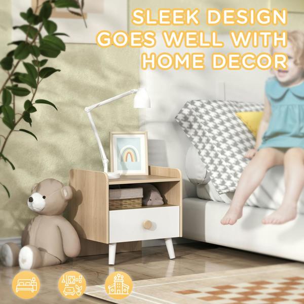 AIYAPLAY Kids Bedside Table with Drawer and Open Storage Shelf, White